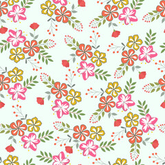Fototapeta na wymiar Decorative trendy artistic floral seamless pattern design of flower bouquet for textile and printing. Modern ditsy foliage repeat texture background