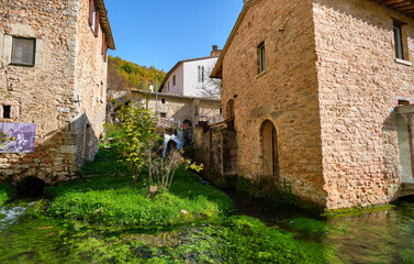 houses in the medieval village of rasiglia, umbria, italy