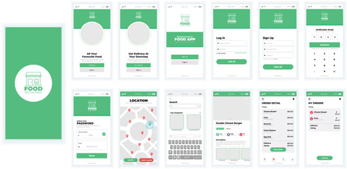 Food delivery mobile app ui design kit - obrazy, fototapety, plakaty