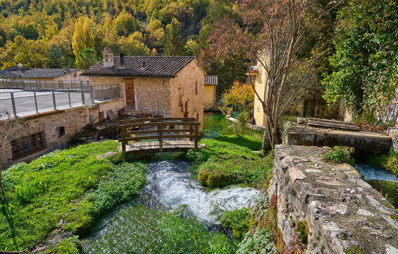 houses in the medieval village of rasiglia, umbria, italy