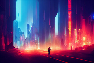 Naklejka premium Futuristic cyberpunk smart city with loneliness and colorful lights background