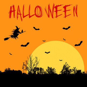 Carte pour la fête Halloween avec sorcière, chauve-souris et lune