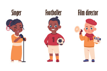 Kids in uniform. Singer african girl, footballer black boy and film director, school or kindergarten kid, profession occupation children, excited playful teen, pupil characters, vector concept