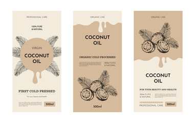 Coconut oil, cosmetic or cooking package label. Organic hair shampoo drop on background, beauty hand skin, herb cream. Botanical engraving style isolated elements. Vector design illustration