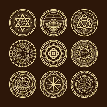 Occult pentagram symbols. Magic circles. Egypt star logo. Esoteric ankh. Illuminati tattoo. Astrology pictograms. Alchemy signs with moon or sun. Eye pyramid. Vector emblem labels set