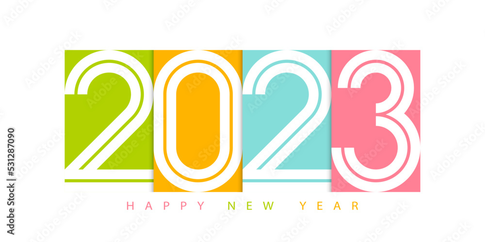 Aufkleber 2023 happy new year. 2023 modern text vector colorful design.