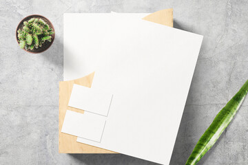 Clean minimal business card mockup on paper A4 with organizer and plant