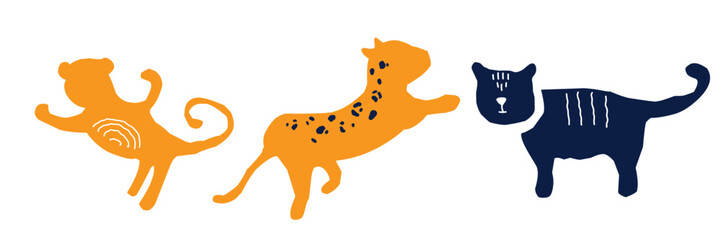 Wild cats. Cute leopard and hipard, abstract isolated elements for posters, doodle style drawing. Childish t-shirt and nursery decor. Bright colors scribble set. Vector kids illustration