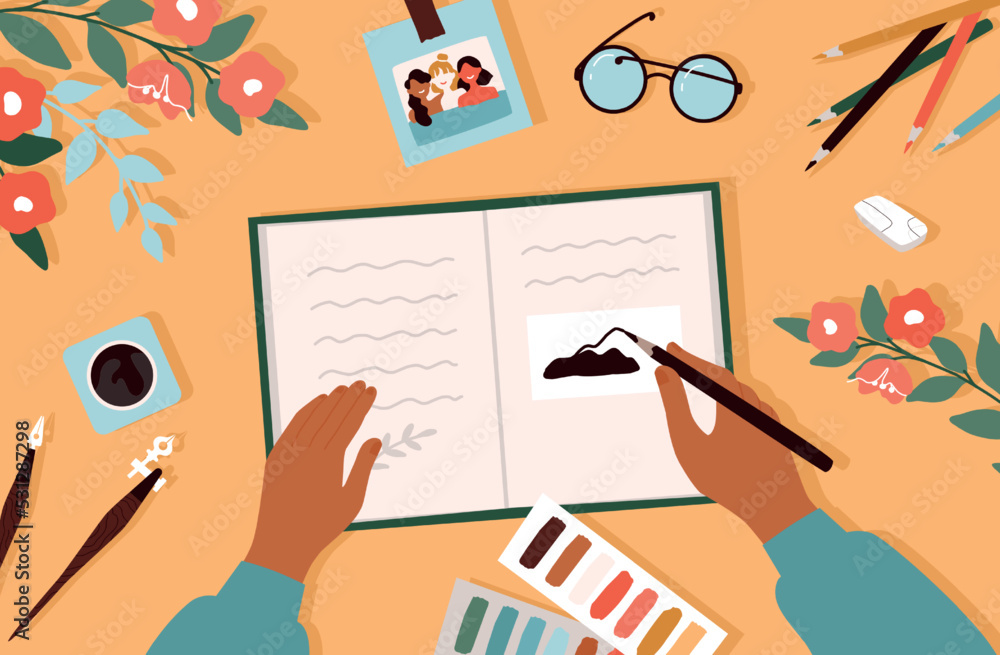 Poster diary journal. writing in notebook. school book on table. hand notes. arms drawing with pencils and 