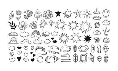 Doodle sparkle stars. Hand drawn flowers and sky clouds. Lightning diamonds. Sketch arrows. Pencil freehand shapes. Rainbow and gemstones. Monochrome plants. Vector line elements set