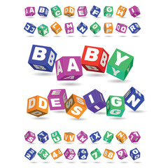 Kids cubes with ABC font. Creative children logo. Playground for childhood. Colorful style toy blocks. Alphabet studying. Numbers and letters. Babies education. Vector illustration set