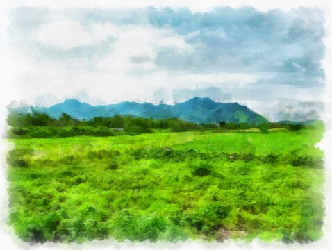 landscape of meadows and mountains watercolor style illustration impressionist painting.