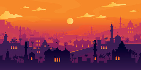 Fototapeta Arabian cityscape. Sunset town scenery. Mosque and house silhouettes. Night city buildings. Old Makkah. Sundown mountains. Arab evening Morocco. Scenic sky. Vector urban panorama card obraz