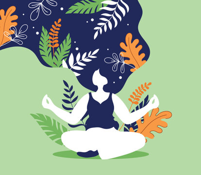 Wellbeing woman calm mind in yoga. Body mental health concept, nature zen, spiritual balance. Happy girl in meditation asana, leaves and flowers on background, vector cartoon illustration
