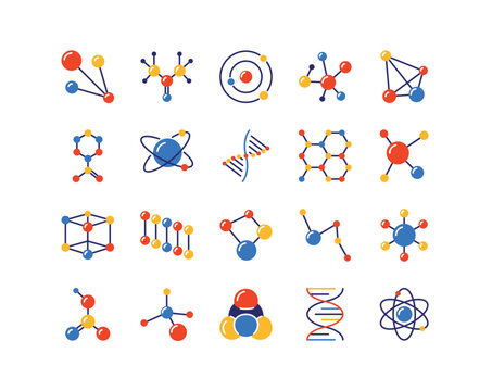 DNA connect icons. Chemistry and biology science. Molecular cell. Biotechnology shapes. Colorful molecules. Atom structure. Physics and genetics research. Vector digital symbols set