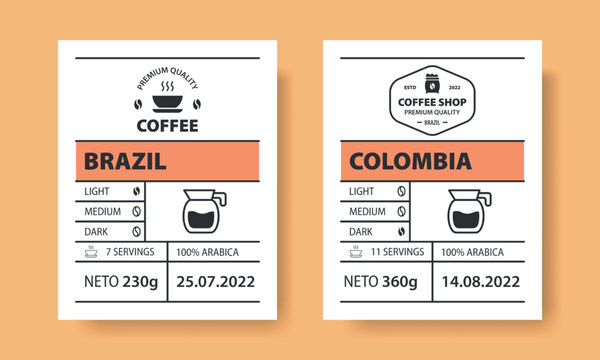 Coffee product label design. Vintage packaging tag. Roasted caffeine berry. Arabica bean. Minimal sticker frame with text and logo. Cappuccino or espresso beverage. Vector package cards set