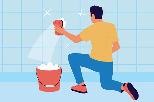 Housekeeper. Man washing tiled wall. Bathroom cleanup. Wiping surface with detergent. Foam sponge and bucket. Housekeeping activity. Household chores. Cleaning service. Vector illustration