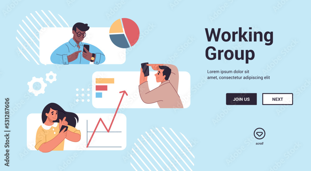 Poster business man with mobile phone landing page. working group. website template. web interface design. 