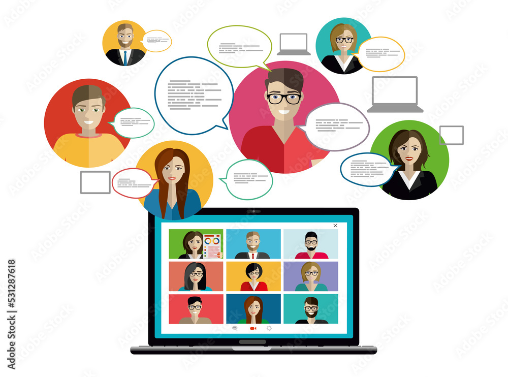 Poster video call conference concept. young people making video call through virtual user interface window.