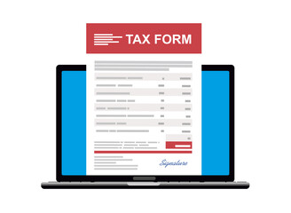 Laptop with online tax form. Online digital invoice laptop or notebook with bills, flat design illustration.