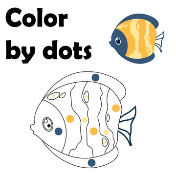 Sea animal. Color by dots. Kids drawing worksheet. Ocean fish painting. Developing task. Children tutorial. Nursery game. Cute marine little creature. Vector educational coloring page