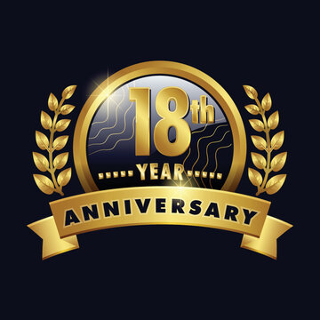 18th anniversary golden logo eighteenth Years Badge with number eighteen ribbon, laurel wreath vector design