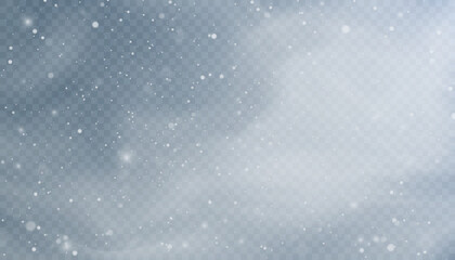 Snow blizzard, christmas winter background. Snowflakes flying isolated on transparent background.