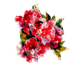 PEONY FLOWERS. Oil paint. The drawing is handmade with strokes. Red picturesque peonies. Isolated drawing with graphics.