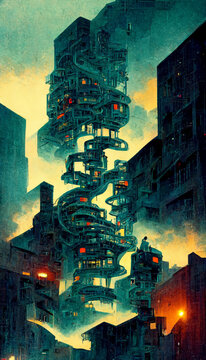 Escher inspired futuristic city illustration