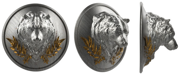 Isolated 3d render illustration of medieval round steel shield with bear head and golden leaves.
