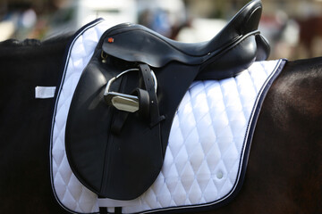 Close up of a sport horse saddle. Quality classical leather saddle