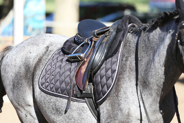 Close up of a sport horse saddle. Quality classical leather saddle
