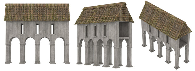 Isolated 3d render illustration of medieval castle or fortress corridor in various angles.