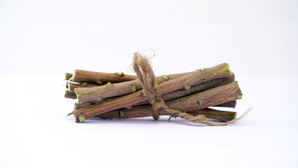 Medicinal neem twigs. Herbal neem leaves and branch over white background. Azadirachta indica - A branch of neem tree leaves. Natural Medicine.