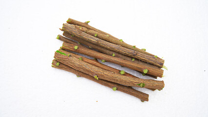 Medicinal neem twigs. Herbal neem leaves and branch over white background. Azadirachta indica - A branch of neem tree leaves. Natural Medicine.