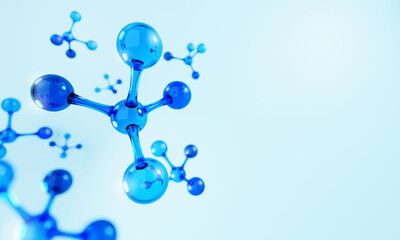 Closeup of blue molecule atoms structures on blue liquid serum background. Cosmetics skincare or human skin treatment and solution. 3d illustration rendering