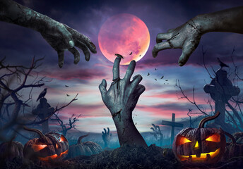 Fototapeta Zombie hand rising in dark Halloween night. obraz