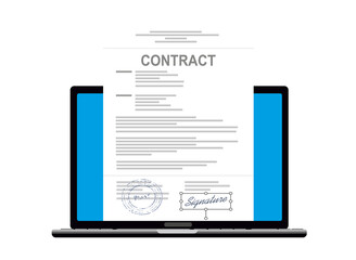 Online electronic documents on laptop illustration, flat cartoon paper document with signature on computer screen, concept of digital or internet office, on-line deal, web paperwork 