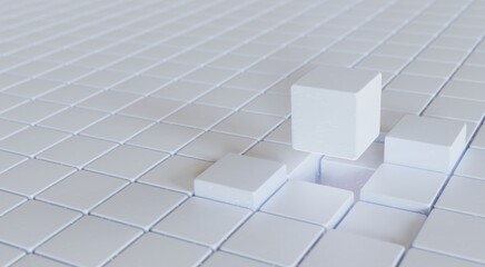 3D rendering. Volumetric white cubes with a soft shadow isolated on a background of white squares. Wallpaper, advertising, website background, calendar, business cards, business concept.
