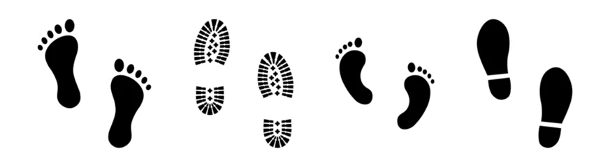 Fotobehang Set of different footprints. Black human footprints © Vitalii