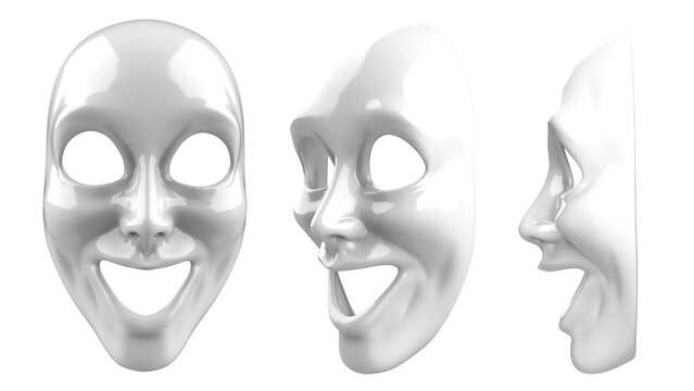 Isolated 3d render illustration of white colored excited theatrical mask.