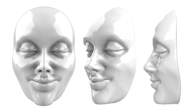 Isolated 3d render illustration of white colored female face theatrical mask.