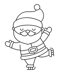 Vector black and white kawaii Santa Claus. Cute happy skating Father Frost illustration isolated on white. Christmas, winter or New Year character. Funny line icon or coloring page.