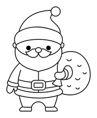 Vector black and white kawaii Santa Claus with sack. Cute Father Frost illustration isolated on white. Christmas, winter or New Year character with bag. Funny line icon or coloring page.