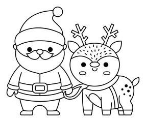 Vector black and white kawaii Santa Claus with deer. Cute Father Frost illustration isolated on white. Christmas, winter or New Year character with reindeer. Funny line icon or coloring page.