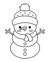 Vector black and white kawaii snowman in hat and scarf. Cute Christmas character illustration isolated on white background. New Year or winter smiling snow man. Funny line icon, coloring page.
