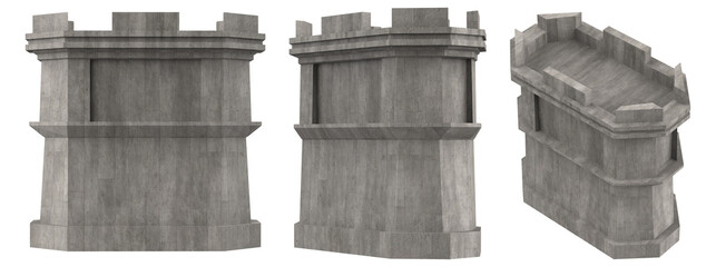 Isolated 3d render illustration of medieval castle or fortress wall tower in various angles.