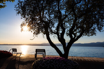 Fototapeta na wymiar Seafront promenade in Bardolino on Lake Garda, Italy