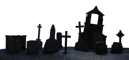 Isolated 3d render illustration of horror scary cemetery graveyard landscape.