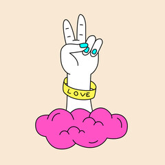Vintage hippie peace hand gesture from cloud. Doodle illustration. Template for sticker, poster and t shirt.